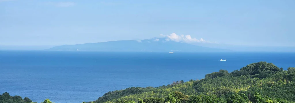 川奈の丘の緑ごしに相模灘。水平線に伊豆大島